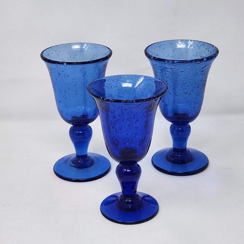 Italian Tuscany Etrusca, di Empoli, Taddei Cobalt Glass Bubble Glass Goblets